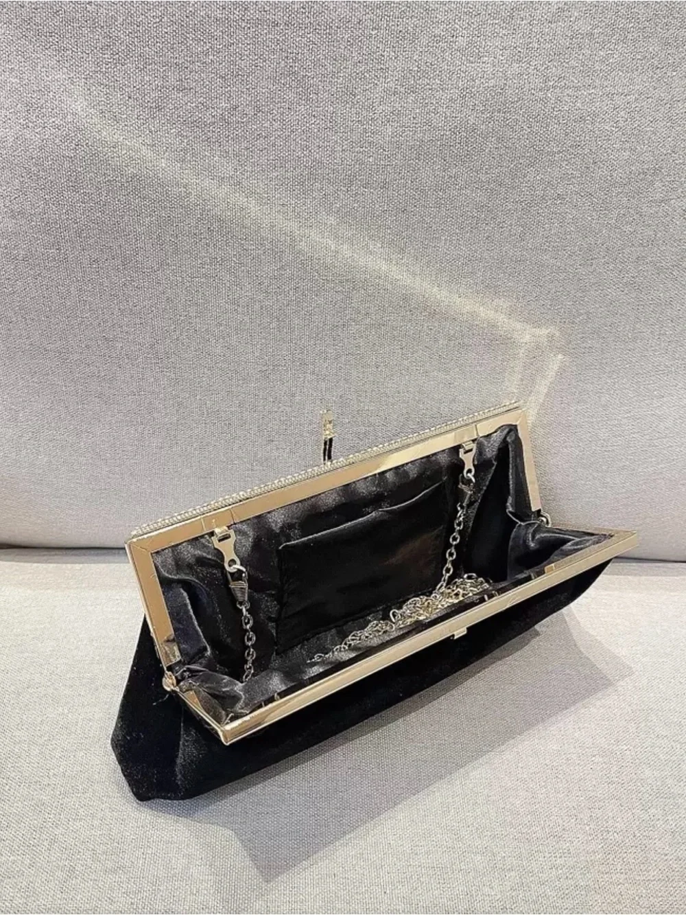 Elegant Black Velvet Clutch with Rhinestone Gold Trim